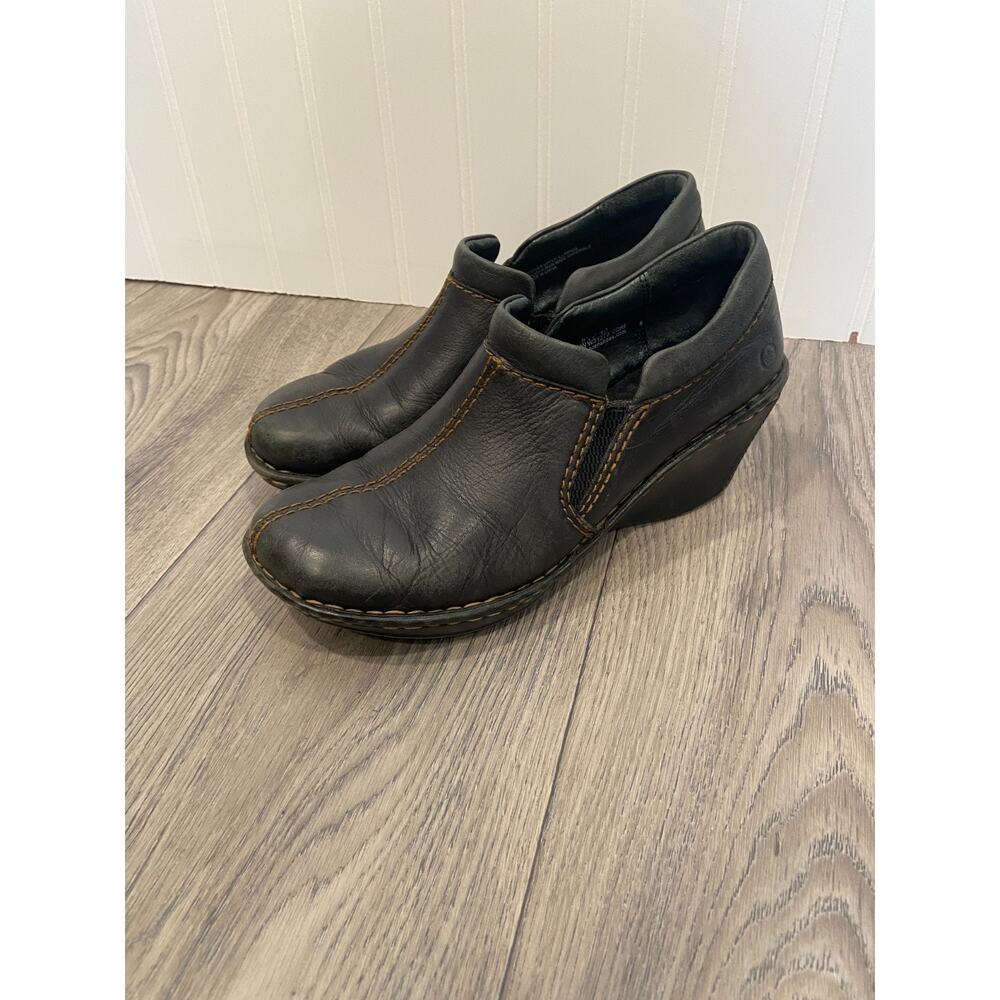 Born Women's Brenta Clog Size 8.5 Wedge Heel Slip On Shootie Black Leather Shoe